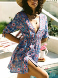 Queens Women Floral Print Lace-up Beach Bohemian Mini Sundress Ladies Front Button Neck Summer Boho Dress