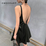 PU Leather Backless Black Sexy Slip Dress Summer 2021 Drawstring Hollow Out A Line Spaghetti Strap Cami Dress