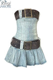 Vintage Women's Denim Dresses Sexy Sleeveless Tunic Mini Dress Elegant Fashion Party Slash Neck A-line Frocks With