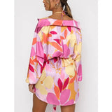 Women Satin Shirt Dress with Sashes Oversized Long Sleeve V Neck Mini Dresses Bohemian Beach Style Autumn Spring
