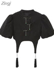 Summer Crop Top Loose Casual Shirt Women Puff Sleeve Turtleneck Gothic Vintage Harajuku Shirt Fashion Chinese Style