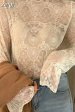 Spring New Lace Bottoms Shirts Sexy Women Long Sleeve Hollow Out Korean Clothes Fashion Thin Mesh Tops Elegant Female