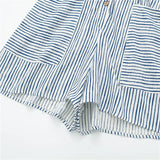 2023 Woman Short Playsuit Blue Striped Baggy Summer Jumpsuit For Women Fashion Pockets Short Sleeve Women's Loose