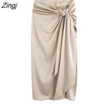 New Women Fashion Knotted Design Slim Sarong Midi Skirt Faldas Mujer Female Back Zipper Summer Vestidos