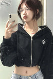 Hooded Coats Black High Waist Sudadera Short Sweatshirt Y2k Crop Tops Casual Women Zipper American Vintage