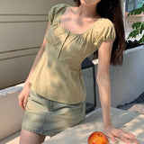 Solid Color Lace Trim Square-Neck TeeOutfit