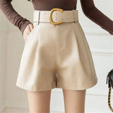 Women's PU Leather Shorts With Belt New Winter Stylish Pockets Ladies Elegant Solid Casual Shorts Trousers