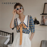Vintage Blouse Women Summer Top Loose Bow Big Collar Designer Ladies Tie Front Top Korean Fashion Clothing