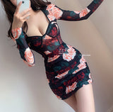 Korea Nightclub Sexy Sheath Flower Printing Elastic Long Sleeve Mini Dress Women 2021 New Summer Tops Spring Dresses