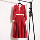 Warm Knitted Sweater Dresses For Women Office Ladies Elegant High Quality High Waist Patchwork Knitwears Dresses