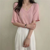 V-Neck Knitted Short-sleeved T-shirt Summer Korean Version 2022 New Loose And Thin Short All-match Bottoming