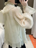 Stand Collar Chiffon Lace Shirts Korean Ruffles Stitching Elegant Button Blouse Woman Long Flare Sleeve Loose Tops