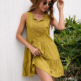 Queens Women Solid Sleeveless Beach Tassel Bohemian Mini Dresses Ladies Polo Neck Loose Boho Dress
