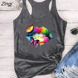 Lips Butterflies Printed Tank Top Women Sleeveless Summer Tee Shirt Harajuku Crew Neck Ladies 90s Tops Ropa