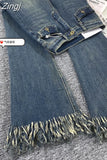 Women Fashion Flare Jeans Tassel Baggy Denim Trousers High Waist Loose Elasticity Korean Style Street Femme Wide Leg