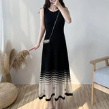 Women's Elegant Fashion Ice Silk Mesh Patchwork Knitted Long Dresses Ladies Sleeveless Temperament Slim Robe Casual
