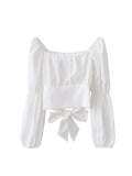 New Women Simple Cropped Tops Pleated Slim Sexy Female Long Puff Sleeve Bandage Bow Square Collar Vintage All-match