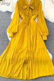 Vintage Women Long Dress Elegant Bow Collar Lantern Sleeve Single Breasted Pleated Maxi Vestidos Female Red/Purple