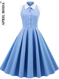 Vintage Shirt Women Flare Dresses Turn Down Collar Blue Solid Robe De Cocktail Pinup Swing Sundress 50s Rockabilly