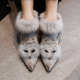 Boots Womens Pointed Metal Ankle Boots Crystal Fox Pattern Women Metal Pointed Toe Glitter Fur Moccasins Bottes