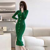 Feminine Vestidos 2022 Women Autumn Winter Solid Button Single Breasted Green Black Elegant Long Maxi Knit Sweater