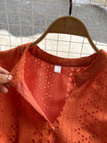 Women Green/Orange/White Hollow Out Midi Dress Elegant V-Neck Puff Short Sleeve High Waist Party Robe Female Vestido