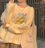 Aesthetic Daisy Print Oversized Long Sleeve Tee-Outfit