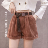 Rolled Wide-leg Shorts Women Korean Retro Elastic Waist Loose Casual Short Pants With Belt Loose A line Shorts