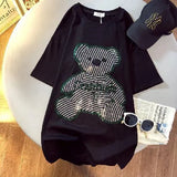 Crystal Diamonds Cartoon Cute T Shirts Women Girl Kawaii Oversized Tops Korean Fashion Summer Cotton Black White