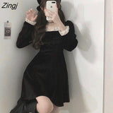 Dress Women Patchwork Gothic Dark Long Sleeve Mini Square Collar Preppy Style Temperament Spring Fall Vintage Slim