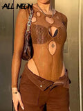 Sexy 90s Fashion Hollow Out Brown Mesh Bodysuits Y2K Retro Partywear O-neck Skinny Long Sleeve Transparent Rompers
