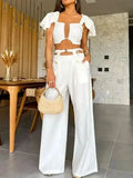 Elegant Solid Women Two Piece Set With Pants Deep V Square Collar Sexy Short Top Wide Leg Pants Suit Office Lady