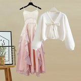 Two Piece Sets Womens Sweet Outfit For Women Temperament Pink Knitted Sweater+ Ruffles Patchwork Straped Fairy Dress