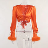 Fashion V Neck Satin Patchwork Feather Black Blouses Sexy Long Sleeve Top Women Long Sleeve Cropped Auturn