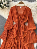 Chiffon Pleated Long Dress Women Vintage V-Neck Flare Sleeve Draped Ruffle Vestido Female Maxi Robe Spring