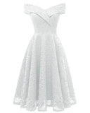 Elegant Summer Women Lace Tunic Midi Dress Slash Neck Short Sleeve Knee Pure Solid Black Red Knee Length A Line Party