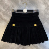 2022 Fall Winter Fake Pockets Golden Buttons Black Short Mini Pleated Skirt Women