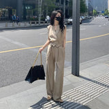 Fashion Summer Sleeveless Drawstring Sports Top + High Waist Wide Leg Pants Set Female High Street Office Wear