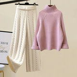 Warm 3 Piece Sets Womens Outfits Office Ladies Turtleneck Knitted Sweater+woolen Parkas Vest+wide Leg Knitting Pants