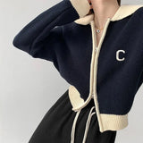 Y2K Knitted Cardigan Women Patchwork Cropped Sweater Coat Vintage Embroidery Knitwear Jackets Korean Jumper Outerwear