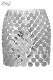 Trendy Women Metal Mirror Disc Mini Skirt Paillette Sequins Body Chain Nightclub Party Y2k Hollow Out Solid Skirt
