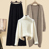 Winter Warm Knitwear Sets For Womens Elegant Turtleneck Sweater+long Knitted Jackets+wide Leg Knitting Pants Sets 2023