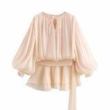 Bubble Sleeve Lotus Side Wrinkle Skirt 2025 Spring And Summer Lace With Round Tie Waist Mini