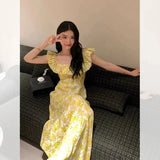 Vintage Floral Midi Dress Women Sweet Print Square Neck A Line Dresses Korean Vacation Yellow Flying Sleeves Slim