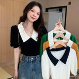 Vintage Knitted Pullover T Shirt Women Sweet Patchwork Puff Short Sleeve Tops Office Elegant Peter Pan Collar Slim