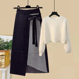 Women Autumn Winter Warm Knitted Two Pieces Sets Korean Long Sleeve Pullover Sweater Top And High Waist Skirts