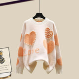 Lazy Sweater Two Piece set Women Sweet Heart-shaped beaded Pullover Jumper Top + Irregular Striped Skirt Knit 2PCS