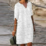 Solid Pullover Dresses Spring Cotton Linen Loose Medium Length Dress Retro Button Stand Collar Half Sleeve Commuter