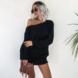 Winter Diagonal Collar Loose Casual Solid Sweater Dress Streetwear Harajuku Y2K Vestido Lantern Sleeve Dresses Robe