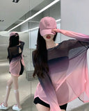 Sexy Hollow Out Backless T Shirts Women Gradient Ice Silk Loose Sunscreen Shirts Summer Gothic See Through Blouses